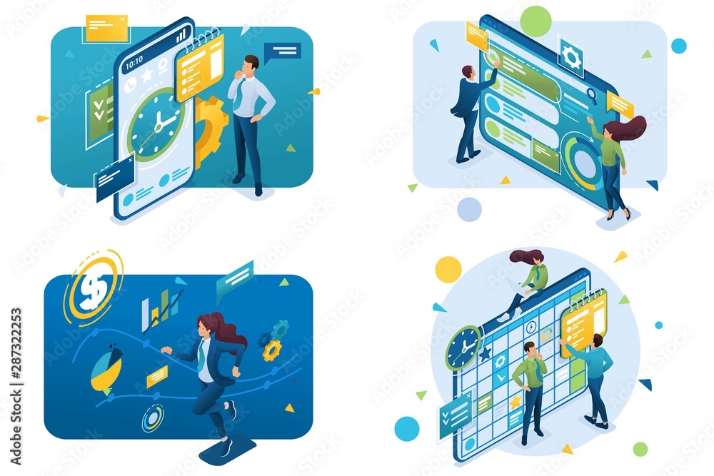Poster set of isometric concepts.time management, success, business planning, using interface. for concept 
