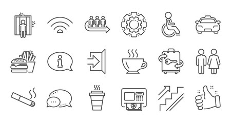 Public services line icons. Elevator, Taxi and Wifi internet. Fast food linear icon set. Quality line set. Vector