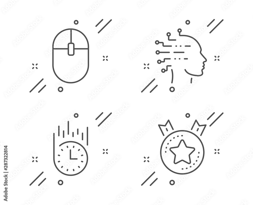 Poster fast delivery, computer mouse and artificial intelligence line icons set. ranking star sign. stopwat