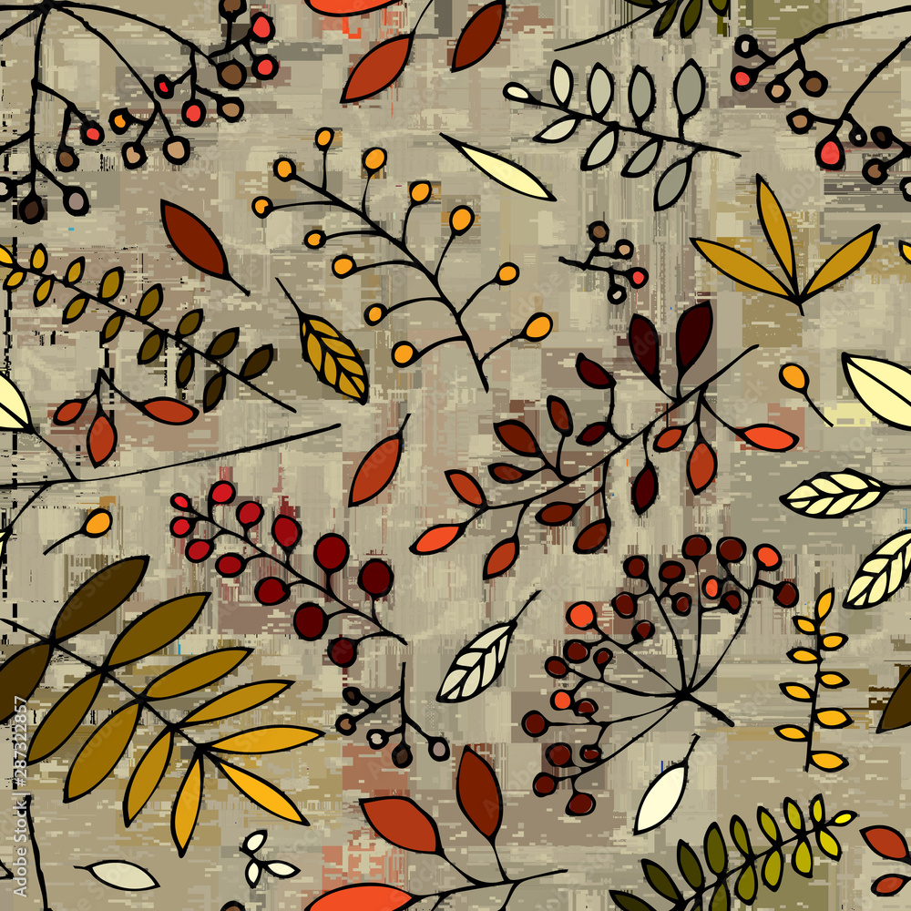 Poster seamless square vector pattern with leafs prints.