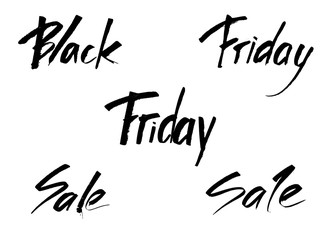 BLACK, FRIDAY, SALE Set of lettering  with grunge inscriptions in black ink on white paper. Hand drawn illustration for creating an advertising poster, banner, flyer.