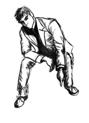 A sketch of a young attractive full-length man who sits and points his finger somewhere down. Black ink hand-drawn illustration. Can be used for fashion illustration, collage, banner, postcard, flyer