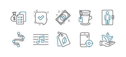 Set of Business icons, such as Bio tags, Tea, Accounting wealth, Elevator, Seo phone, Musical note, Confirmed, Timeline, Bitcoin, Organic product line icons. Leaf, Glass mug. Vector