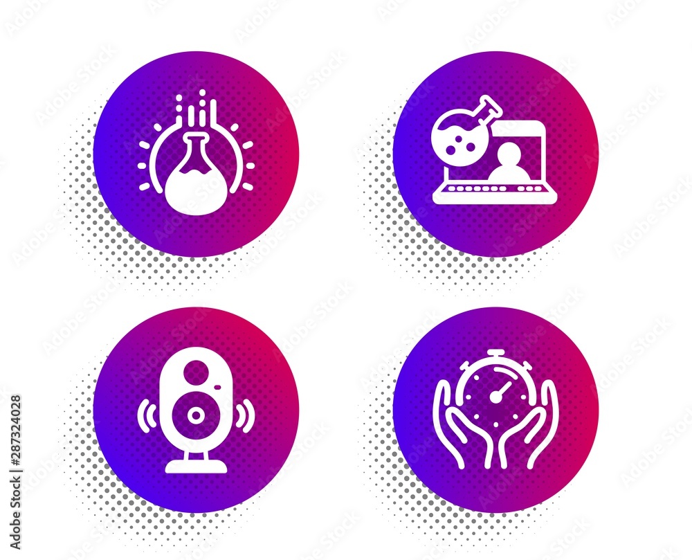 Poster online chemistry, speaker and chemistry experiment icons simple set. halftone dots button. timer sig
