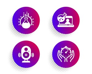 Online chemistry, Speaker and Chemistry experiment icons simple set. Halftone dots button. Timer sign. Lab flask, Music sound, Laboratory flask. Deadline management. Science set. Vector