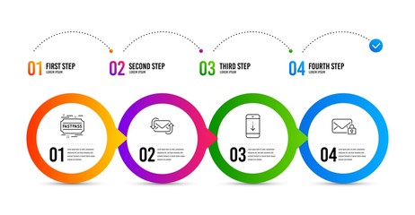 Refresh mail, Scroll down and Fastpass line icons set. Timeline infographic. Secure mail sign. New e-mail, Swipe phone, Entrance ticket. Private e-mail. Business set. Refresh mail icon. Vector