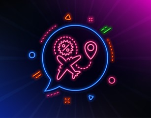 Flight sale line icon. Neon laser lights. Shopping discount sign. Clearance symbol. Glow laser speech bubble. Neon lights chat bubble. Banner badge with flight sale icon. Vector