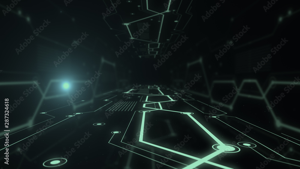 Poster futuristic tunnel with light blockchain lanes.