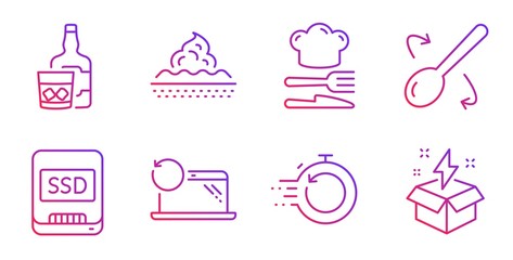Fast recovery, Ssd and Food line icons set. Recovery laptop, Whiskey glass and Cooking spoon signs. Skin care, Creative idea symbols. Backup timer, Memory disk. Business set. Vector