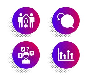 Quiz test, Messenger and Partnership icons simple set. Halftone dots button. Upper arrows sign. Interview, Speech bubble, Business startup. Growth infochart. Education set. Vector