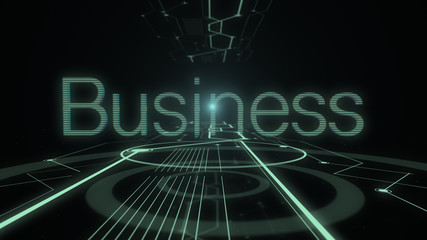 Word business on the dark background with illuminating lines of digital tunnel.