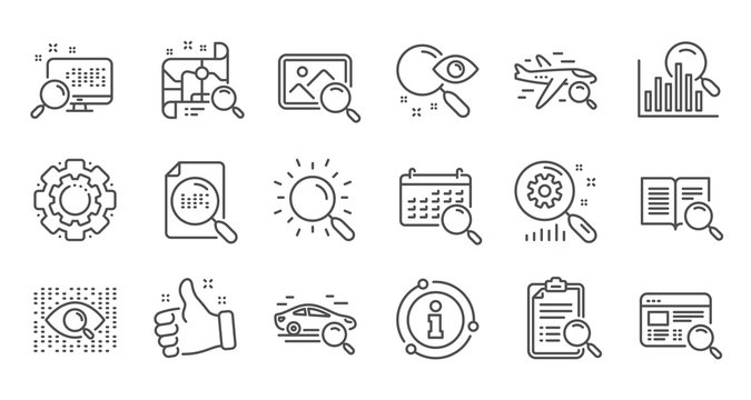 Search line icons. Indexation, Artificial intelligence and Car rental. Search images linear icon set. Quality line set. Vector
