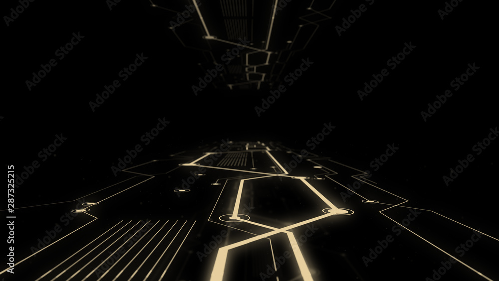 Poster shot of corridor in working data center full of servers and high tech visualisation connections.