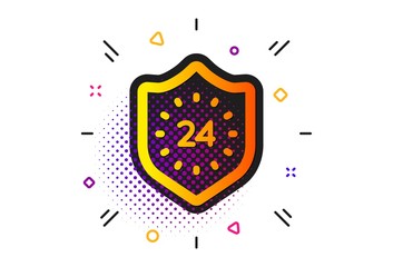 Shield sign. Halftone circles pattern. 24 hours protection icon. Classic flat 24 hours icon. Vector