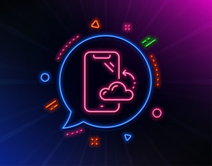 Smartphone cloud line icon. Neon laser lights. Phone backup sign. Mobile device symbol. Glow laser speech bubble. Neon lights chat bubble. Banner badge with smartphone cloud icon. Vector
