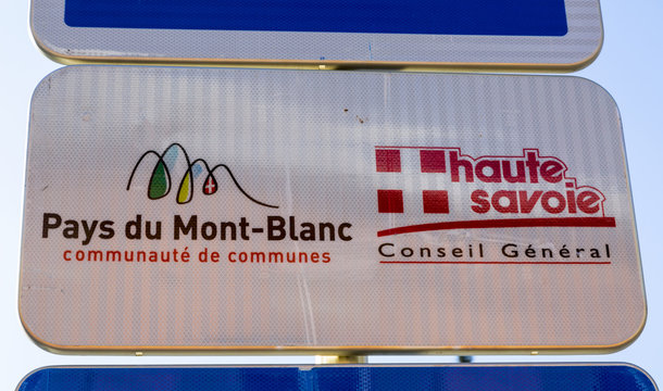 Saint-Gervais Mont Blanc, France - December 30,2014: Indicator of The Lands of Mont Blanc located at the rail station for the Tram of Mont Blanc in Saint Gervais, Haute Savoie, France.