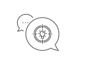 Idea line icon. Chat bubble design. Light bulb or Lamp in target sign. Creativity, Solution or Thinking symbol. Outline concept. Thin line idea icon. Vector