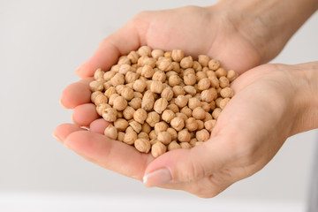 Woman holding raw chickpea on light background, closeup