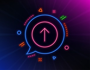 Swipe up button line icon. Neon laser lights. Scrolling arrow sign. Landing page scroll symbol. Glow laser speech bubble. Neon lights chat bubble. Banner badge with swipe up icon. Vector