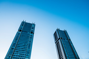 Obraz premium Blue cold tones colors of skyscrapers with sunlight - looking up perspective, city view of offices and financial district with bank and insurance people at work