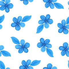 Fototapeta premium Blue flower with leaf seamless pattern isolated on white. Hand drawn illustration of blue gouache on white paper. Can be used for postcards, packaging, banner, web background.