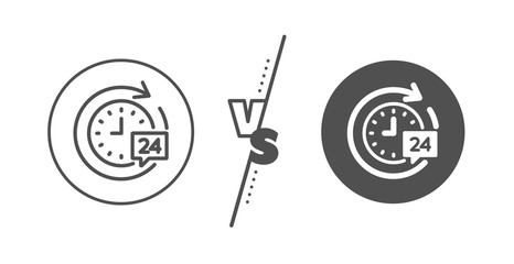 Time or stopwatch sign. Versus concept. 24 hours delivery line icon. Line vs classic 24h delivery icon. Vector
