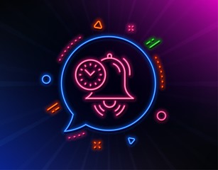 Time management line icon. Neon laser lights. Alarm clock sign. Watch symbol. Glow laser speech bubble. Neon lights chat bubble. Banner badge with time management icon. Vector