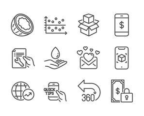 Set of Business icons, such as Private payment, Education, 360 degrees, Augmented reality, Repair document, Smartphone payment, World statistics, Packing boxes, Coconut, Love mail. Vector