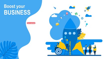 Website or landing page of Boost your business with Tiny People Character Concept Vector Illustration, Suitable For web landing page,Wallpaper, da, Card, banner,Book Illustration