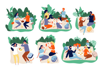 Fototapeta premium Picnic people. Outdoor family happy group together eating dinner in green summer park vector picnic characters. Illustration picnic meal, woman and man together in park