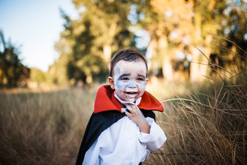 Kid smiling costumed of dracula to halloween on the forest