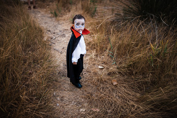 Kid serious costumed of dracula to halloween on the forest