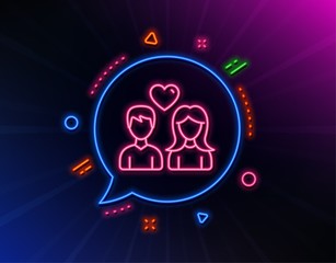 Couple with Heart line icon. Neon laser lights. Users Group sign. Male and Female Person silhouette symbol. Glow laser speech bubble. Neon lights chat bubble. Vector