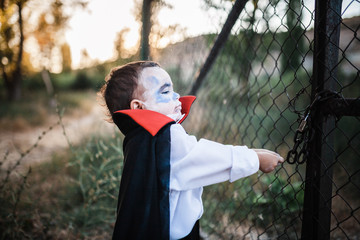 Kid costumed of dracula to halloween on the forest near grille