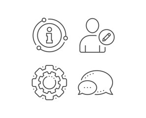 Edit User line icon. Chat bubble, info sign elements. Profile Avatar with pencil sign. Person silhouette symbol. Linear edit user outline icon. Information bubble. Vector