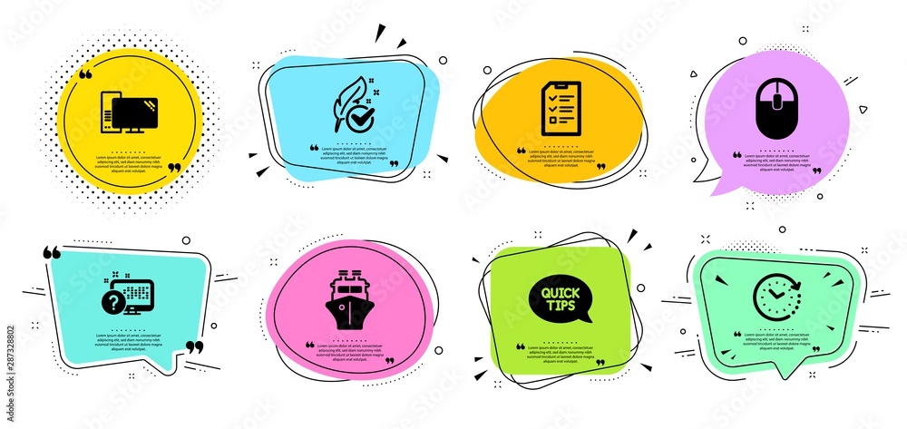 Poster online quiz, ship and computer line icons set. chat bubbles with quotes. quickstart guide, interview