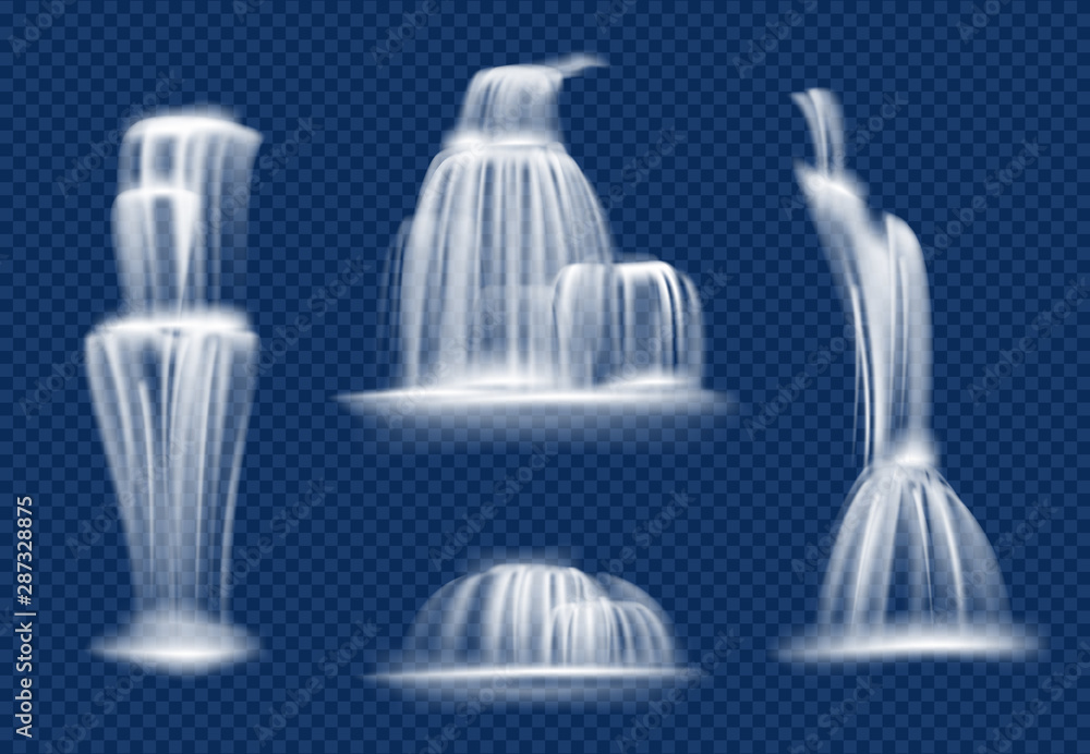 Poster waterfall. water cascade flowing with splashes and drops fast transparent natural vector realistic w