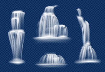 Waterfall. Water cascade flowing with splashes and drops fast transparent natural vector realistic waterfall. Illustration waterfall aqua stream, splash liquid