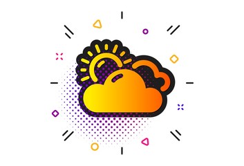 Clouds with sun sign. Halftone circles pattern. Sunny weather forecast icon. Cloudy sky symbol. Classic flat sunny weather icon. Vector