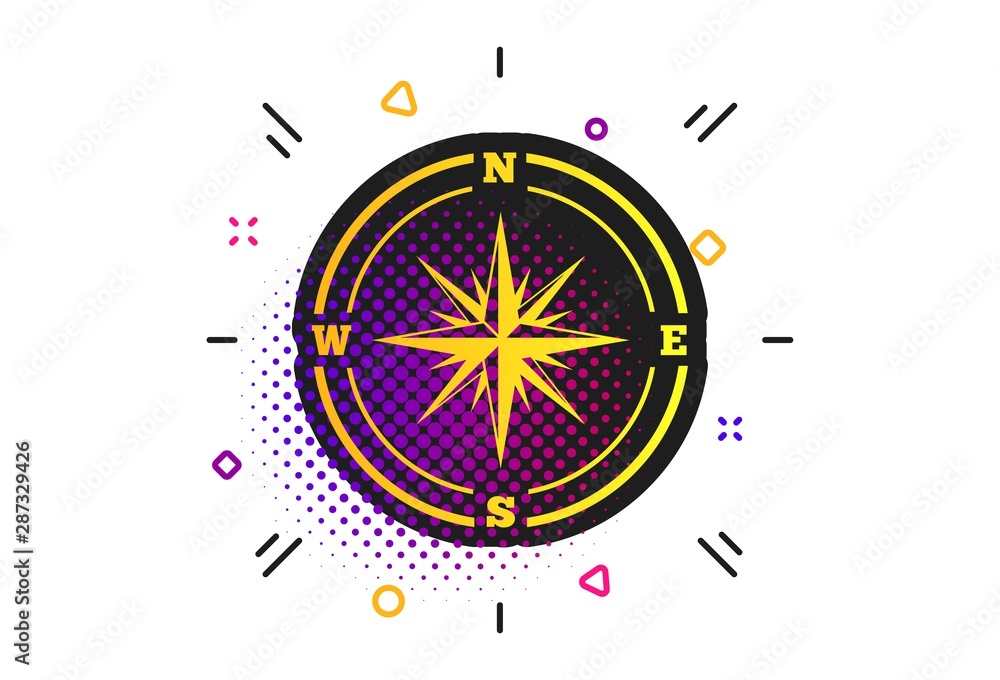 Poster compass sign icon. halftone dots pattern. windrose navigation symbol. classic flat compass icon. vec