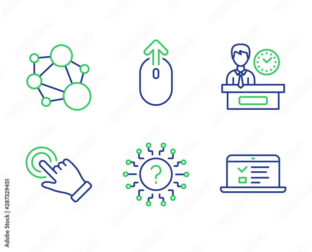 Poster integrity, swipe up and presentation time line icons set. touchscreen gesture, question mark and web