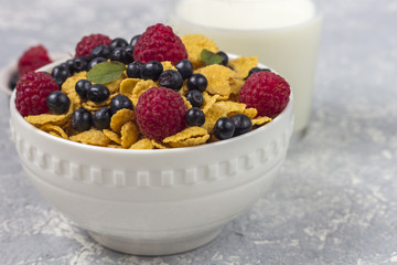 Healthy tasty breakfast: bowl with corn flakes.