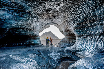 Blue crystal ice cave, underground beneath the glacier in Iceland, Europe