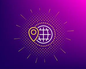 World travel line icon. Halftone pattern. Trip globe sign. Map location pointer symbol. Gradient background. World travel line icon. Yellow halftone pattern. Vector