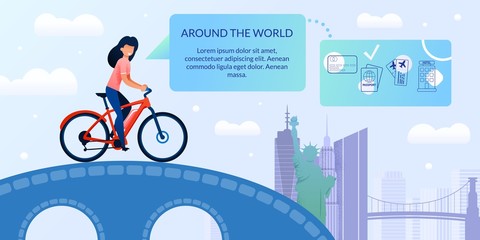 Bicycle Trip Around World Vector Landing Web Page. Girl Rides Bicycle, Bridge, Background Famous World Landmarks. Vector Banner. Website Online Travel Help, Visiting other Countries