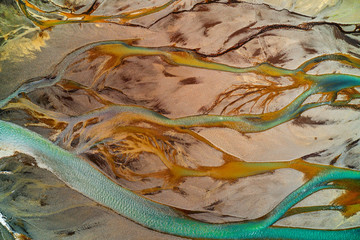 Aerial view of glacier river system in Iceland. Beautiful natural backdrop.