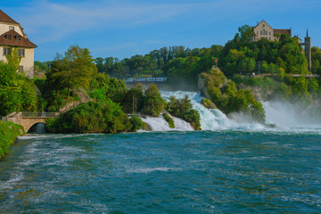 Fototapeta na wymiar At the Rhine Falls in Switzerland, in summer 2019.