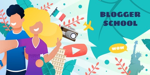 Blogger School. Travel Banner. Landing Web Page. Vector Flat Illustration Smiling Young Brunette Guy and Blonde Girl Take Selfie, Filming Video, Famous Landmarks, Italy Flag, Camera, Button