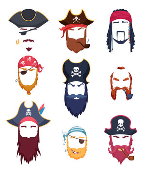 Pirate masks. Carnival costumes element mustache hat beard hook hair vector creation kit. Pirate costume and mask carnival, fun birthday masquerade illustration