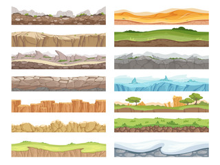 Game seamless ground. Cartoon rock dirt landscape stone ground asset 2d floor vector background. Game seamless soil and grass, snow surface illustration © ONYXprj